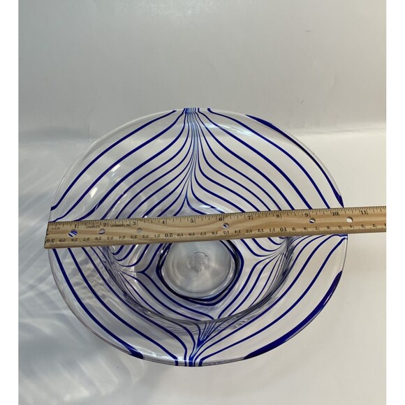 Clear Art Glass Bowl Blue Pulled Ribbon Swirls MCM Handmade Pontil Base Marked M - Picture 11 of 12